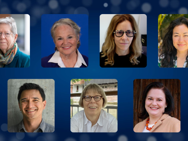 Seven headshots of smiling UC Davis faculty and staff over an Aggie Blue background